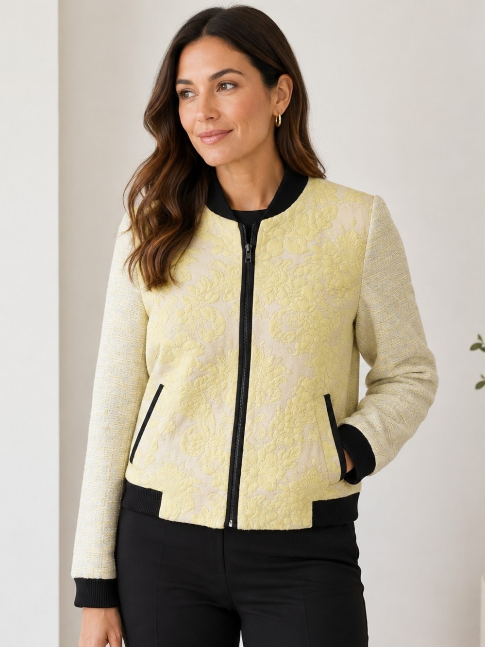 Helene Berman London Textured Floral Bomber Jacket Women's M Yellow Black